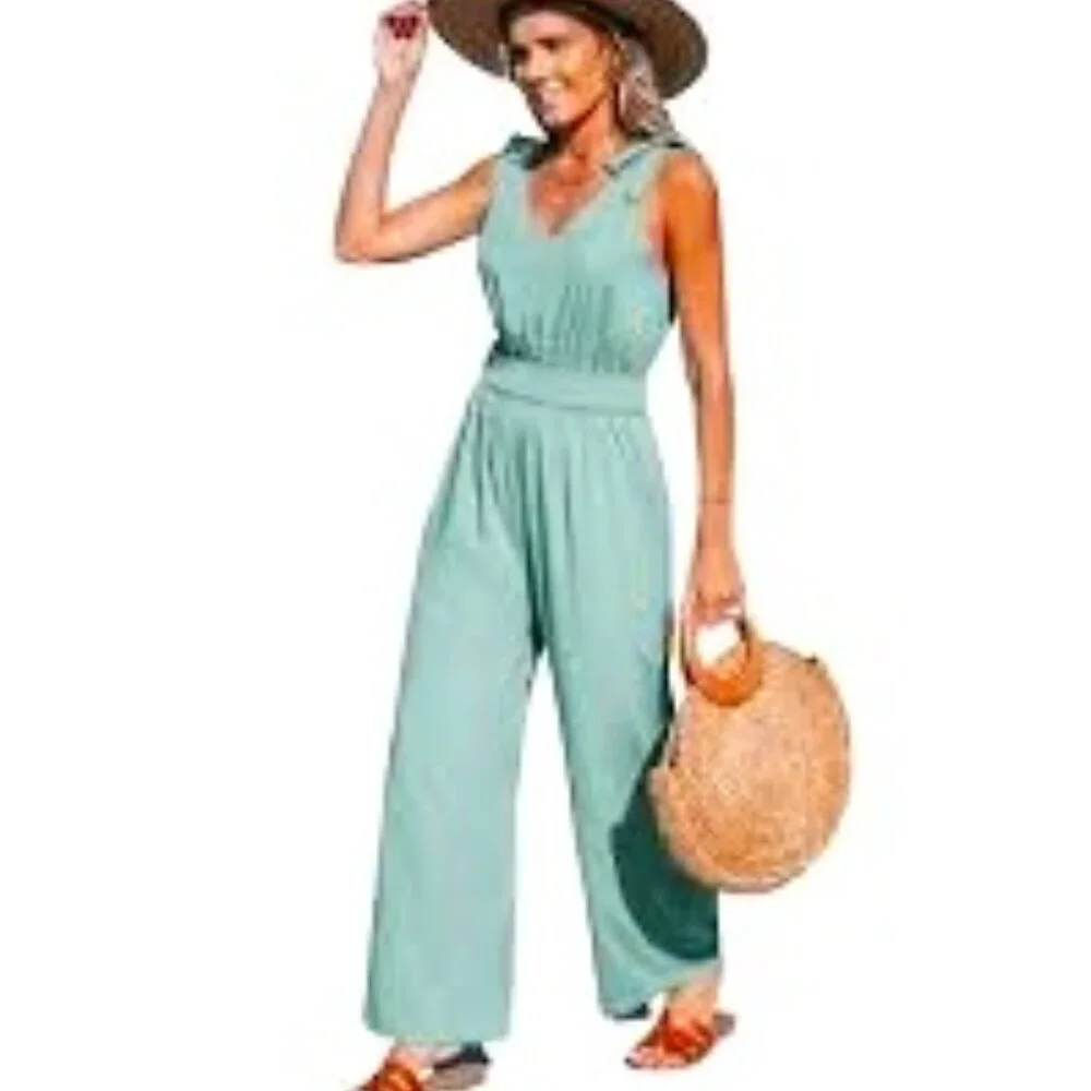 CUPSHE GREEN SHOULDER TIE SMOCKED WAIST WIDE LEG JUMPSUIT SZ MED NWT